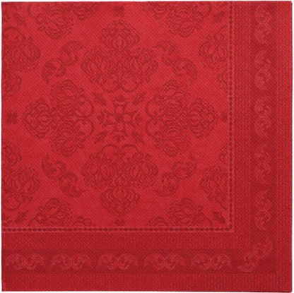 Os PAPSTAR 50 guardanapos "ROYAL Collection" 1/4-dobra 40 x 40 cm em cor de vinho destacam-se por uma forma quadrada com padrões florais e geométricos em relevo, uma borda vermelha mais escura e um design simétrico e requintado - qualidade premium da PAPSTAR GmbH.