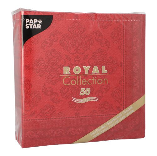 Um pacote de 50 guardanapos "ROYAL Collection" 1/4-dobra (40 x 40 cm) em cor de vinho da PAPSTAR GmbH com letras em dourado e branco e um padrão decorativo discreto.