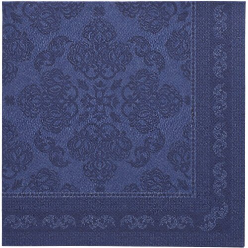 Um guardanapo de papel quadrado de 40x40 cm, azul escuro, da PAPSTAR ROYAL Collection da PAPSTAR GmbH com um centro decorativo de flores e redemoinhos em relevo e uma borda decorativa.