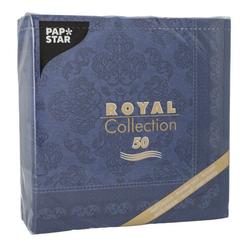 Um pacote azul de PAPSTAR GmbH 50 guardanapos "ROYAL Collection" 1/4-dobra, 40x40 cm, azul escuro, com um padrão ornamentado e acentos dourados.