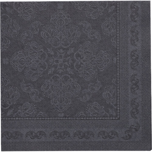 O guardanapo preto "ROYAL Collection" da PAPSTAR GmbH (40 x 40 cm, 1/4-dobrado) visto de cima mostra um padrão floral e geométrico em relevo com uma borda decorativa nas margens. Pacote com 50 unidades.