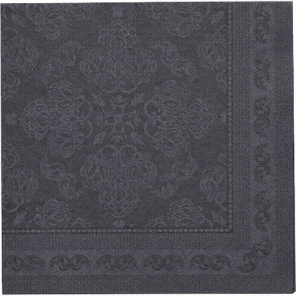 O guardanapo preto "ROYAL Collection" da PAPSTAR GmbH (40 x 40 cm, 1/4-dobrado) visto de cima mostra um padrão floral e geométrico em relevo com uma borda decorativa nas margens. Pacote com 50 unidades.