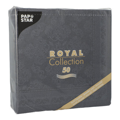 Um pacote selado com 50 guardanapos pretos PAPSTAR "ROYAL Collection" (40 x 40 cm, 1/4-dobrado) da PAPSTAR GmbH, com padrão elegante e discreto e logotipo no canto superior esquerdo.