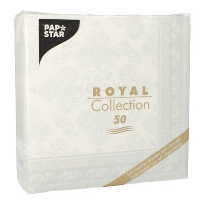 Um pacote branco da PAPSTAR GmbH contém 50 guardanapos 1/4-dobra "ROYAL Collection", 40 x 40 cm, com bordas decorativas douradas e pretas.