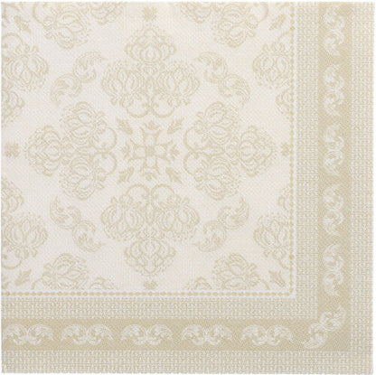 Die quadratische Serviette 40x40 cm aus der ROYAL-Kollektion der PAPSTAR GmbH in Champagner zeigt ein verziertes Blumenmuster mit dekorativem Rand, flach auf weißem Hintergrund. Die Packung enthält 50 Servietten, 1/4-fach gefaltet.