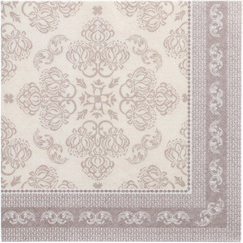 O conjunto de 50 PAPSTAR "ROYAL Collection" guardanapos (mocca, 40 x 40 cm, 1/4-dobra) da PAPSTAR GmbH apresenta um padrão floral e espiral discreto em tons claros de marrom com uma borda decorativa em duas bordas.