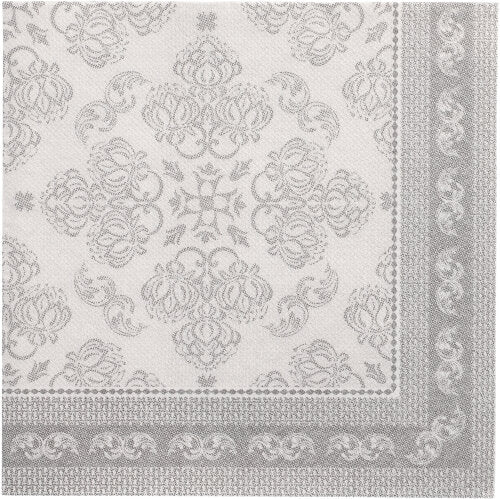Os PAPSTAR 50 guardanapos "ROYAL Collection" 1/4-dobra 40 x 40 cm cinza da PAPSTAR GmbH apresentam um padrão floral e de caracol decorado em cinza e branco com borda decorativa - ideal para quem procura guardanapos de alta qualidade.