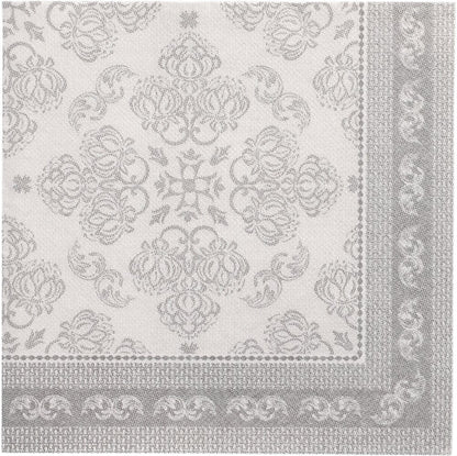 Os PAPSTAR 50 guardanapos "ROYAL Collection" 1/4-dobra 40 x 40 cm cinza da PAPSTAR GmbH apresentam um padrão floral e de caracol decorado em cinza e branco com borda decorativa - ideal para quem procura guardanapos de alta qualidade.