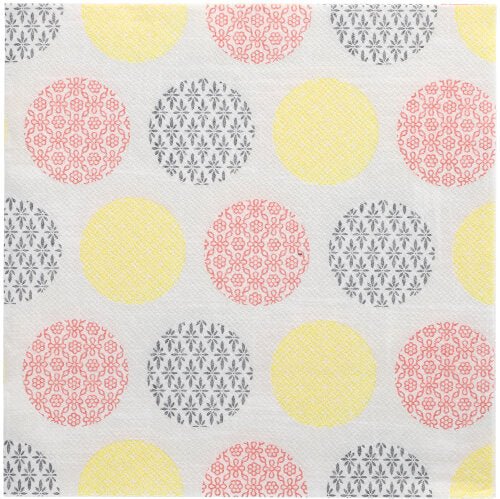 Uma superfície branca com uma grade de grandes círculos amarelos, rosa e cinza, cada um com um padrão floral ou geométrico distinto - uma reminiscência dos 50 guardanapos "ROYAL Collection" 1/4-dobra 40x40 cm amarelo da PAPSTAR GmbH.