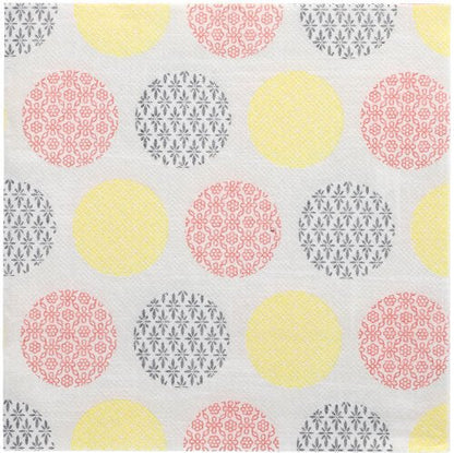 Uma superfície branca com uma grade de grandes círculos amarelos, rosa e cinza, cada um com um padrão floral ou geométrico distinto - uma reminiscência dos 50 guardanapos "ROYAL Collection" 1/4-dobra 40x40 cm amarelo da PAPSTAR GmbH.