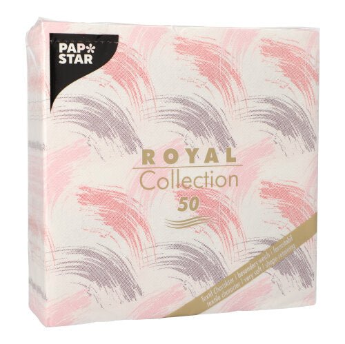 Um pacote da PAPSTAR GmbH com 50 guardanapos "ROYAL Collection" 1/4-dobra, 40 x 40 cm, em cor de vinho. O rótulo na frente mostra "50" guardanapos e informações do produto em várias línguas.