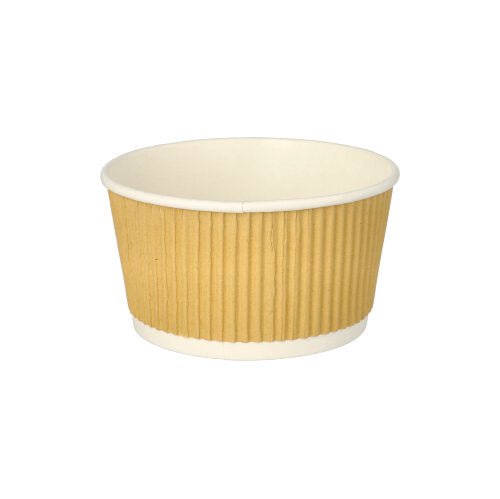 Na imagem está um PAPSTAR copo de sopa redondo (11 cm) da PAPSTAR GmbH com design Ripple Wall castanho/branco sobre fundo branco. O conjunto contém 25 peças.