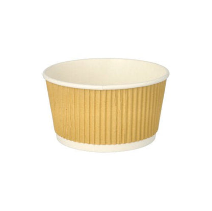 Na imagem está um PAPSTAR copo de sopa redondo (11 cm) da PAPSTAR GmbH com design Ripple Wall castanho/branco sobre fundo branco. O conjunto contém 25 peças.
