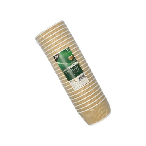Um pacote com 25 copos de sopa PAPSTAR redondos, castanho/branco, 11 cm Ripple Wall copos descartáveis da PAPSTAR GmbH é feito de plástico transparente com um rótulo verde e branco.