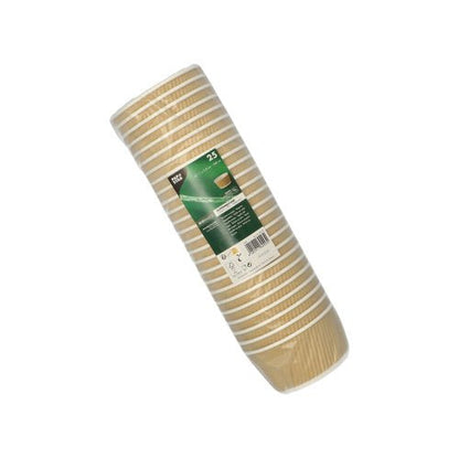 Um pacote com 25 copos de sopa PAPSTAR redondos, castanho/branco, 11 cm Ripple Wall copos descartáveis da PAPSTAR GmbH é feito de plástico transparente com um rótulo verde e branco.