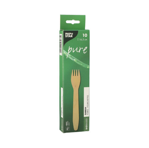 Uma caixa verde "PAPSTAR" com a inscrição "pure" contém 10 garfos de madeira ecológicos (16,5 cm) de madeira sustentável, com o nome do produto "PAPSTAR 10 garfos, madeira pure" e uma imagem de garfo na embalagem.