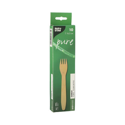 Uma caixa verde "PAPSTAR" com a inscrição "pure" contém 10 garfos de madeira ecológicos (16,5 cm) de madeira sustentável, com o nome do produto "PAPSTAR 10 garfos, madeira pure" e uma imagem de garfo na embalagem.