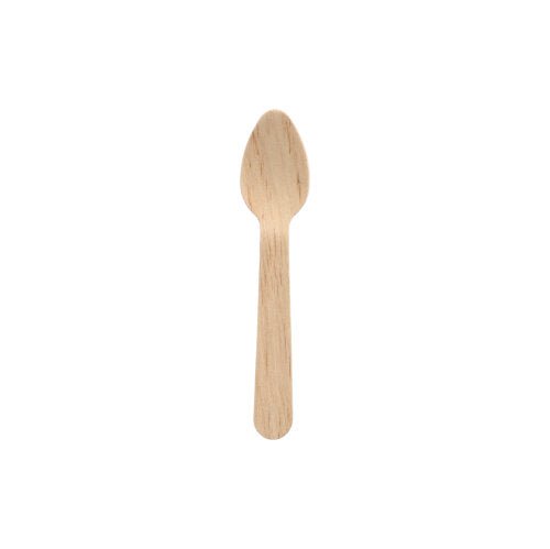 Uma colher de café de madeira "pure", 11 cm, da PAPSTAR GmbH está centralizada em um fundo branco, destacando o design simples e ecológico. Embalagem: caixa dobrável com 10 peças.