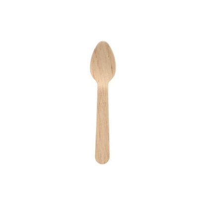 Uma colher de café de madeira "pure", 11 cm, da PAPSTAR GmbH está centralizada em um fundo branco, destacando o design simples e ecológico. Embalagem: caixa dobrável com 10 peças.