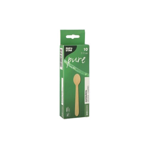 Uma caixa verde com a inscrição "PAPSTAR colher de café de madeira 'pure', 11 cm, ecológica" da PAPSTAR GmbH contém 10 colheres de café ecológicas, com imagem da colher e informações do produto na embalagem.
