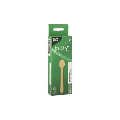 Uma caixa verde com a inscrição "PAPSTAR colher de café de madeira 'pure', 11 cm, ecológica" da PAPSTAR GmbH contém 10 colheres de café ecológicas, com imagem da colher e informações do produto na embalagem.