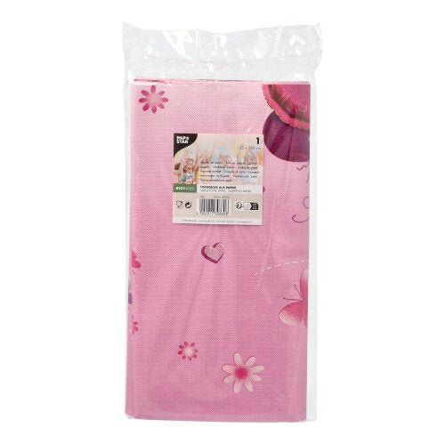 Uma PAPSTAR toalha de mesa, papel (120 cm x 180 cm) da PAPSTAR GmbH em rosa com padrão de flores e corações, parcialmente visível em embalagem transparente com etiqueta frontal – perfeita para a decoração de mesa elegante na sua próxima festa.
