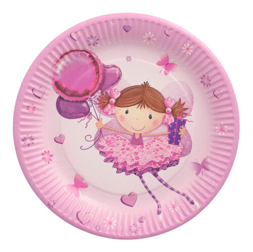 O prato de 10 unidades PAPSTAR, papelão redondo Ø 23 cm da PAPSTAR GmbH oferece pratos descartáveis cor-de-rosa para festas, decorados com uma menina sorridente em vestido com babados, balões, presentes e ao fundo corações, flores e borboletas.