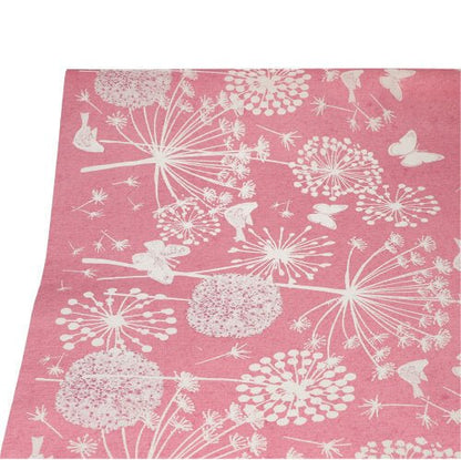 A toalha de mesa PAPSTAR da PAPSTAR GmbH (papel, 3 m x 1,2 m) apresenta um design rosa com dentes-de-leão brancos, borboletas e flores sobre um fundo simples para um toque elegante.