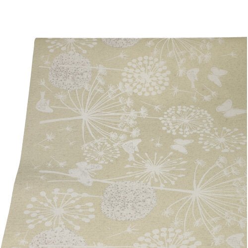 A toalha de mesa PAPSTAR de papel (3 m x 1,2 m) da PAPSTAR GmbH é bege com padrão botânico branco, que lembra dentes-de-leão e borboletas, ideal como produto descartável decorativo para qualquer ocasião.