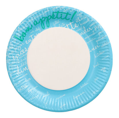 Os PAPSTAR 10 pratos, papelão redondo Ø 23 cm da PAPSTAR GmbH têm um centro branco e uma borda azul com "Bom Apetite!" em verde e um texto sobre comida em branco – ideal para festas e eventos.