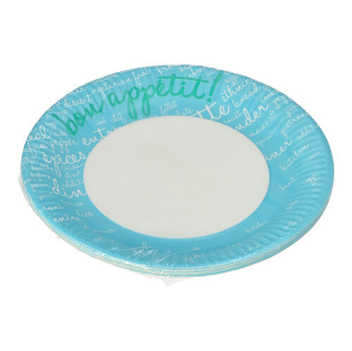 PAPSTAR 10 pratos, papelão redondo Ø 23 cm da PAPSTAR GmbH: Pratos descartáveis redondos com borda azul e escrita manual branca ("Bom Apetite!" em verde), ideal para festas e eventos. O centro é simplesmente branco.