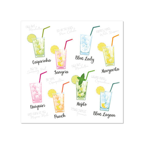 Ilustração de nove cocktails em copos com gelo, guarnições e PAPSTAR 20 guardanapos, 25x25 cm 3 camadas da PAPSTAR GmbH. Cocktails como Caipirinha, Sangria, Blue Lady, Margarita e Mojito são servidos com palhinhas e fatias de fruta.