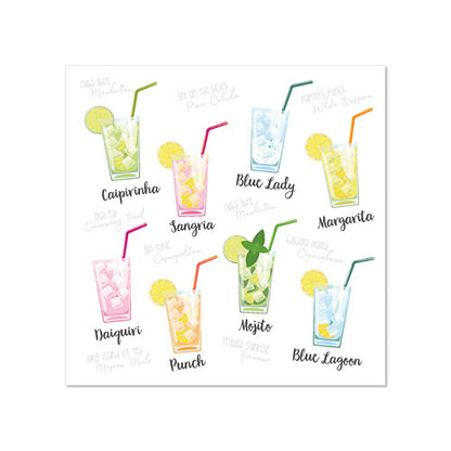 Ilustração de nove cocktails em copos com gelo, guarnições e PAPSTAR 20 guardanapos, 25x25 cm 3 camadas da PAPSTAR GmbH. Cocktails como Caipirinha, Sangria, Blue Lady, Margarita e Mojito são servidos com palhinhas e fatias de fruta.