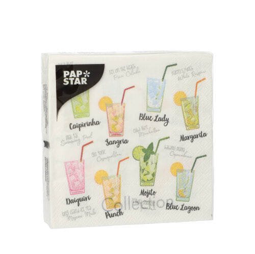 Os 20 guardanapos (25x25 cm, 3 camadas, 1/4 de dobra) da PAPSTAR GmbH são adornados com ilustrações e nomes de cocktails como Caipirinha, Mojito e Margarita – ideal para uma decoração de mesa elegante.