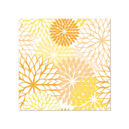 Uma imagem quadrada com um padrão floral repetido em amarelo, laranja e bege sobre branco - ideal para decoração de mesa ou como vibrantes PAPSTAR 20 guardanapos (25 x 25 cm, 3 camadas, 1/4 de dobra) da PAPSTAR GmbH.