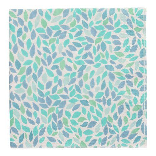 Os 20 guardanapos PAPSTAR, 33 cm x 33 cm, 3 camadas, da PAPSTAR GmbH (Design Set 5), apresentam folhas sobrepostas azuis, azul-esverdeadas e verde-claras sobre fundo branco.