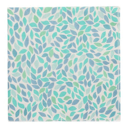 Os 20 guardanapos PAPSTAR, 33 cm x 33 cm, 3 camadas, da PAPSTAR GmbH (Design Set 5), apresentam folhas sobrepostas azuis, azul-esverdeadas e verde-claras sobre fundo branco.