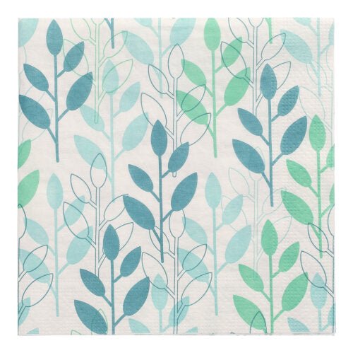 Os PAPSTAR 20 guardanapos, 33x33 cm, 3 camadas de PAPSTAR GmbH com padrão de folhas azuis e verdes sobre branco são ideais como guardanapos elegantes para qualquer ocasião.
