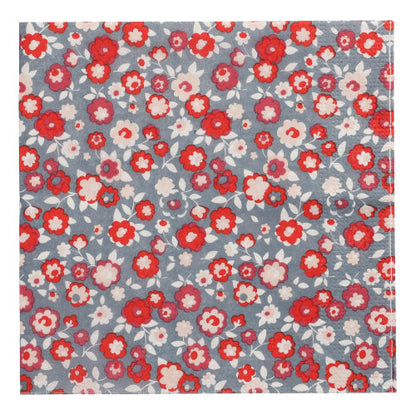 Die PAPSTAR GmbH 20 Servietten aus dem Design Set 3 sind 33x33 cm groß, 3-lagig, quadratisch, grau unterlegt und mit einem rot-weiß-rosa Blumen-Blätter-Muster versehen.