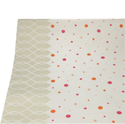 A toalha de mesa PAPSTAR (papel, 3 m x 1,2 m) da PAPSTAR GmbH é retangular e bege com um design vertical: linhas onduladas geométricas à esquerda e pontos vermelhos, rosas e laranjas espalhados à direita – perfeita para uma decoração elegante.