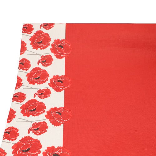 A toalha de mesa PAPSTAR de papel (3 m x 1,2 m) da PAPSTAR GmbH destaca-se em vermelho com borda branca e papoulas vermelhas – ideal como toalha de mesa descartável para ocasiões especiais.
