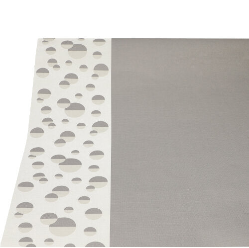 A toalha de mesa PAPSTAR (papel, 3 m x 1,2 m) da PAPSTAR GmbH é retangular, tem uma área cinza-clara com borda branca e círculos cinza de tamanhos variados em fundo branco.