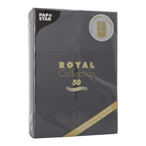 Um pacote selado com 50 guardanapos "ROYAL Collection" 48 x 30 cm com dobra de talheres da PAPSTAR GmbH, com texto dourado e branco e um emblema redondo no canto superior direito.