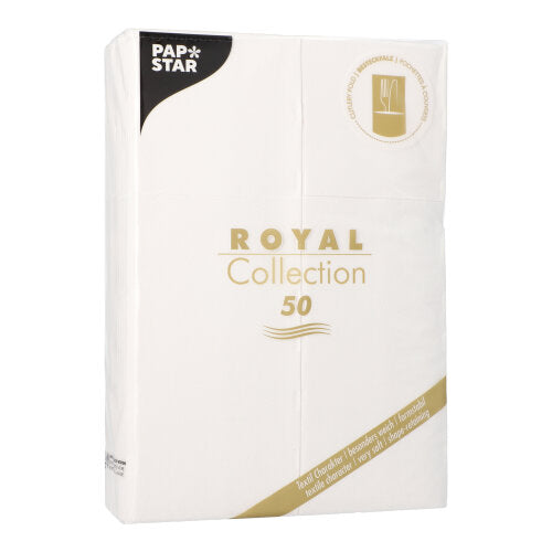 Um pacote com 50 guardanapos PAPSTAR "ROYAL Collection" (48 x 30 cm) com dobra de talheres da PAPSTAR GmbH em design branco e dourado e na embalagem de marca.