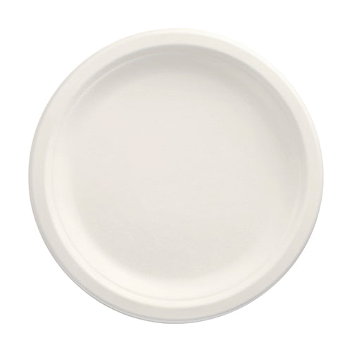 Um PAPSTAR 100 prato, cana-de-açúcar "pure" não dividido, branco da PAPSTAR GmbH é apresentado em vista de cima sobre um fundo branco. Sua superfície lisa e a borda elevada fazem dele o prato descartável ecológico ideal para refeições sustentáveis.