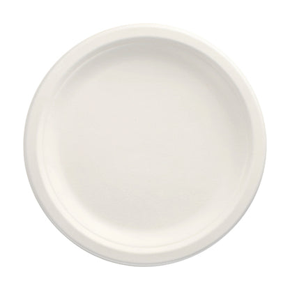 Um PAPSTAR 100 prato, cana-de-açúcar "pure" não dividido, branco da PAPSTAR GmbH é apresentado em vista de cima sobre um fundo branco. Sua superfície lisa e a borda elevada fazem dele o prato descartável ecológico ideal para refeições sustentáveis.