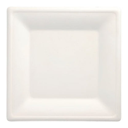 O prato de 100 unidades, bagaço de cana-de-açúcar "pure" quadrado, branco da PAPSTAR GmbH é um prato branco, quadrado, biodegradável com borda ligeiramente elevada - uma opção descartável ecológica, fotografado de cima contra um fundo branco.