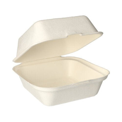 Uma caixa de hambúrguer branca e retangular PAPSTAR feita de bagaço de cana (8x14x15 cm), ecológica, com tampa dobrável da PAPSTAR GmbH (Caixa: 500 unidades), aberta e vazia em um fundo branco.