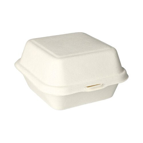 As caixas de hambúrguer PAPSTAR feitas de bagaço de cana (8x14x15 cm, 500 unidades) da PAPSTAR GmbH são recipientes de takeaway ecológicos feitos de fibra clara moldada, ideais para embalagens sustentáveis.
