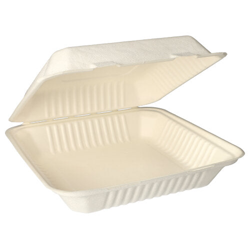 As PAPSTAR caixas de menu de cana-de-açúcar "pure", não divididas (8x25,5 cm), da PAPSTAR GmbH, são recipientes de fibra compostáveis de cor bege com borda canelada - uma escolha sustentável para refeições ecológicas.